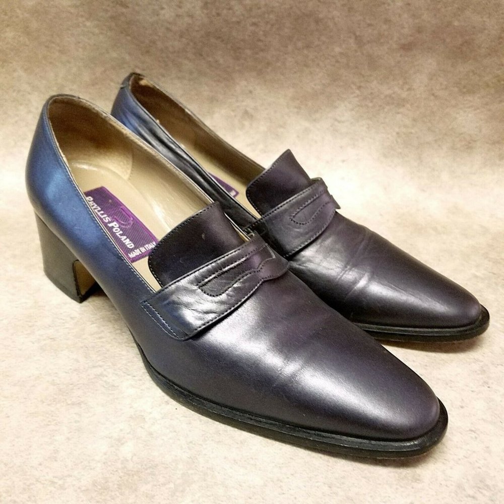 Womens Size 7 B Gray Leather Slip on Pointed Toe 2" Block Heels